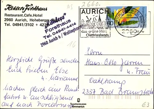 Ak Aurich in Ostfriesland, Gasthof Köhlers Forsthaus, Hoheberger Weg
