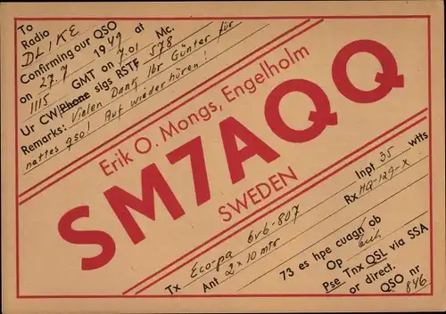 Ak Schweden, Funkerkarte, SM7AQQ, Erik O. Mongs, Engelholm