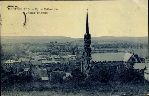 Ak Montbéliard Doubs, Eglise Catholique et Champ de Foire