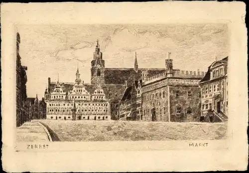 Ak Zerbst in Anhalt, Markt, Skizziertes Bild