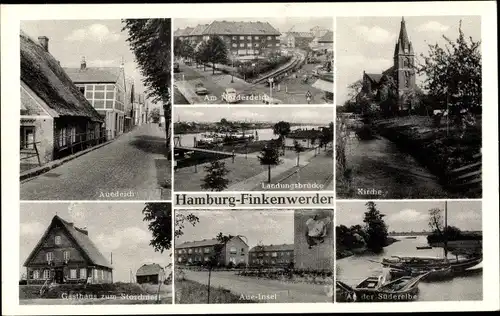 Ak Hamburg Mitte Finkenwerder, Kirche, Auedeich, Gasthof zum Storchnest, Landungsbrücke
