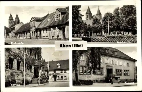 Ak Aken an der Elbe Sachsen Anhalt, Rathaus, Postamt, Kirchstraße, Friedensplatz