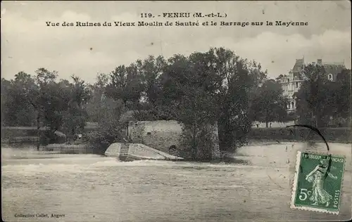 Ak Féneu Maine et Loire, Vue des Ruines du Vieux Moulin de Sautre et le Barrage sur la Mayenne