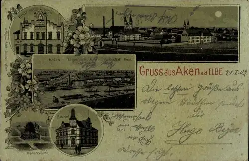 Mondschein Litho Aken an der Elbe Sachsen Anhalt, Elektrizitätswerk, Hafen, Lagerhaus, Postamt