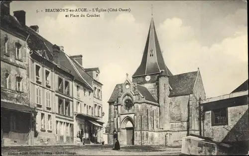 Ak Beaumont en Auge Calvados, L'Eglise et Place du Crochet