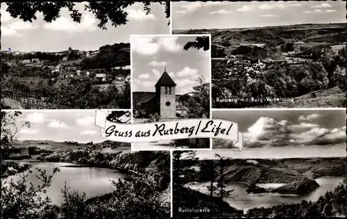 Ak Rurberg Simmerath in der Eifel, Ort mit Burg Vogelsang, Kirche, Rurtalsperre