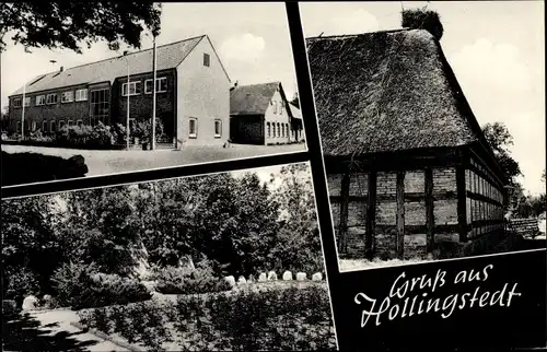 Ak Hollingstedt in Schleswig, Schule, Denkmal, Haus mit Reetdach, Storchennest