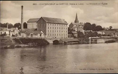 Ak Chateauneuf sur Sarthe Maine-et-Loire, La Minoterie et l'Eglise