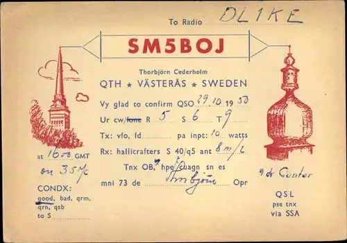 Ak Schweden, Funkerkarte, SM5BOJ, Thorbjörn Cederholm, Västeras