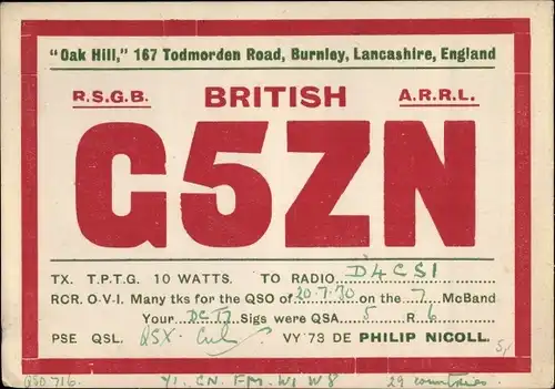 Ak Großbritannien, Funkerkarte, G5ZN, Oak Hill, 167 Todmorden Road, Burnley, Lancashire