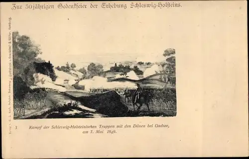 Künstler Ak Kampf der schleswig-holsteinischen Truppen mit den Dänen bei Gudsoe am 7. Mai 1849