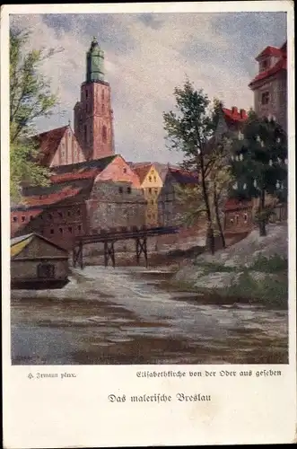 Künstler Ak Breslau Wrocław in Schlesien, Elisabethkirche von der Oder aus gesehen