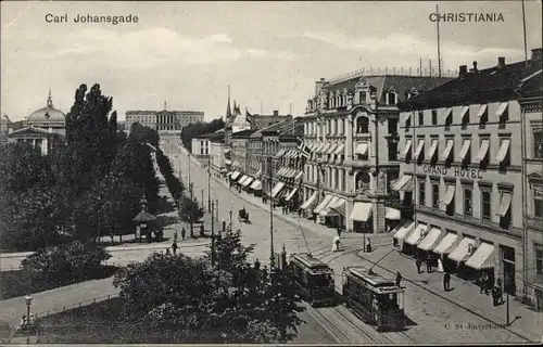 Ak Kristiania Christiania Oslo Norwegen, Carl Johansgade, Straßenbahn, Grand Hotel