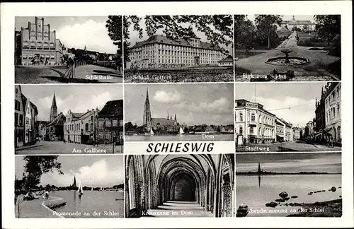 Ak Schleswig an der Schlei, Schloss Gottorf, Schleihalle, Gallberg, Dom, Promenade