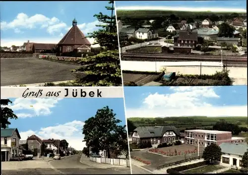 Ak Jübek in Schleswig Holstein, Teilansicht, Kirche, Schule, Straßenpartie