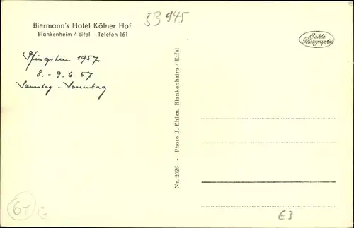 Ak Blankenheim an der Ahr Eifel, Biermann's Hotel Kölner Hof, Außenansicht