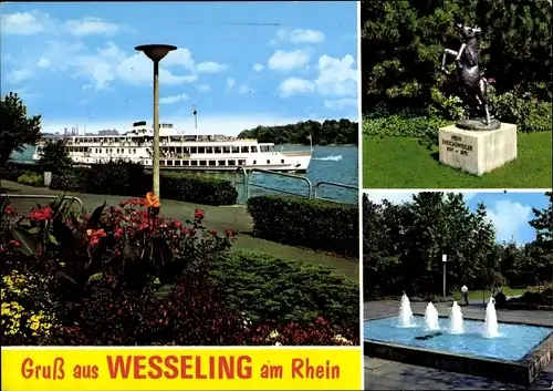 Ak Wesseling Rhein Erft Kreis, Salondampfer, Statue, Wasserspiel