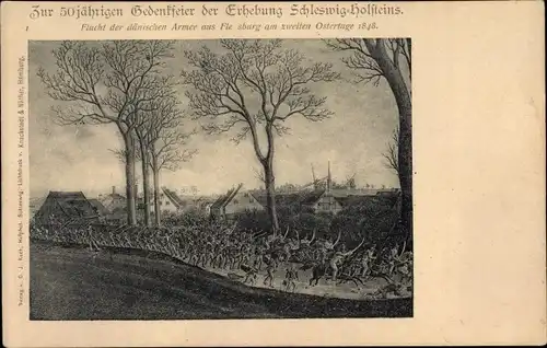 Künstler Ak Schleswig Holsteinische Jubiläumspostkarte 1848/98, Flucht der dänischen Armee