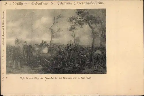 Künstler Ak Schleswig Holsteinische Jubiläumspostkarte 1848/98, Gefecht, Freischärler, Hoptrup, 1848