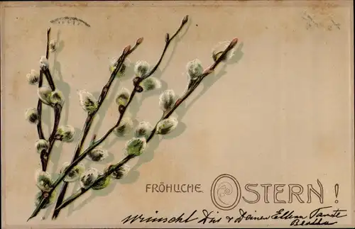 Präge Litho Glückwunsch Ostern, Weidenkätzchenzweige