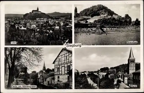 Ak Siegburg Rhein Sieg Kreis, Totalansicht, Strandbad, Markt, Partie am Mühlengraben