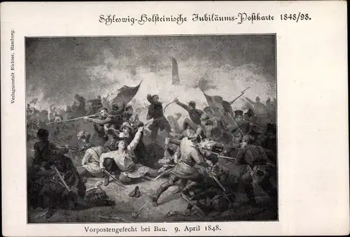 Künstler Ak Schleswig Holsteinische Jubiläumspostkarte 1848/98, Vorposten Gefecht, 9. April 1848