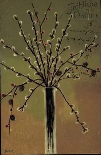 Künstler Litho Mailick, Glückwunsch Ostern, Weidenkätzchenzweige in einer Vase