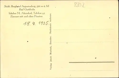 Ak Bad Gottleuba Berggießhübel, Städt. Berghotel Augustusberg