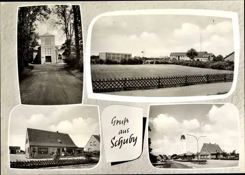 Ak Schuby in Schleswig Holstein, Kirche, Geschäft, Gebäude