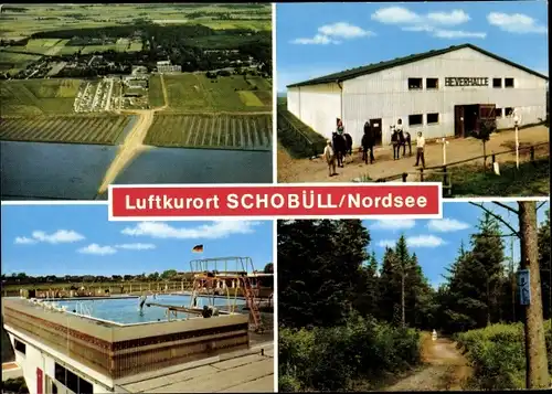 Ak Schobüll Husum in Nordfriesland, Beverhalle, Freibad, Fliegeraufnahme