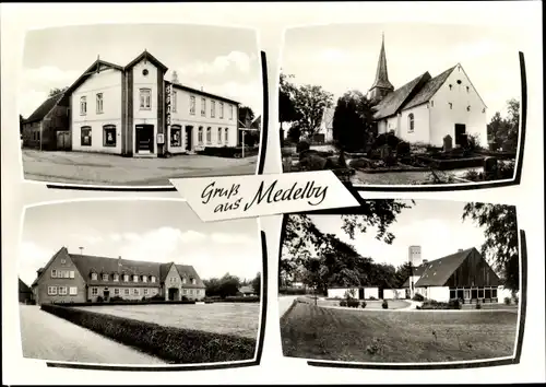 Ak Medelby in Schleswig Holstein, Kirche, Geschäft, Ortsansichten