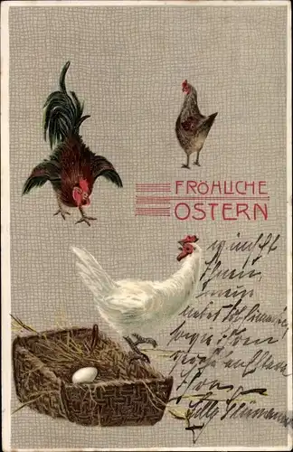 Litho Glückwunsch Ostern, Hahn vertreibt Huhn aus dem Nest