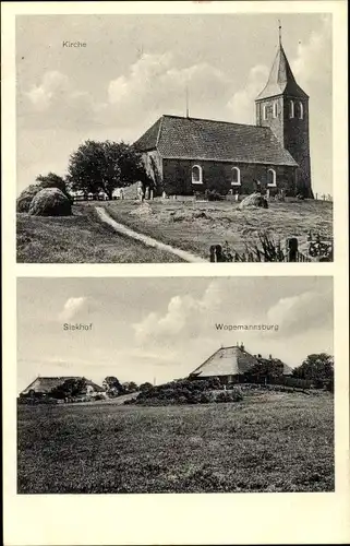 Ak Westerhever Nordfriesland, Kirche, Totalansicht, Siekhof und Wogemannsburg