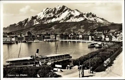 Ak Luzern Stadt Schweiz, Blick auf den Ort, Pilatus, Salondampfer