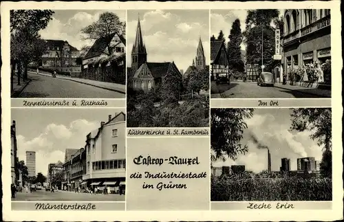 Ak Castrop Rauxel im Ruhrgebiet, Münsterstraße, Zeche Erin, Zeppelinstraße und Rathaus