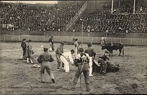 Ak Stierkampfarena, Toreros, Totes Pferd, Stier, Matator au quite degageant un Picador