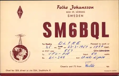QSL Karte Satenas Schweden, Folke Johanson, SM6BQL to DL1KE, Amateurfunk