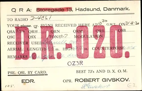 QSL Karte Hadsund Dänemark,  DR020 to D4CSI, Amateurfunk