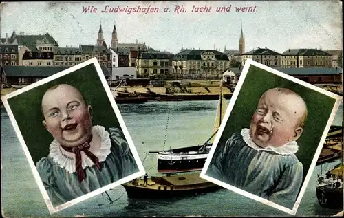 Ak Ludwigshafen am Rhein, Weinendes und lachendes Kind, Blick auf den Ort