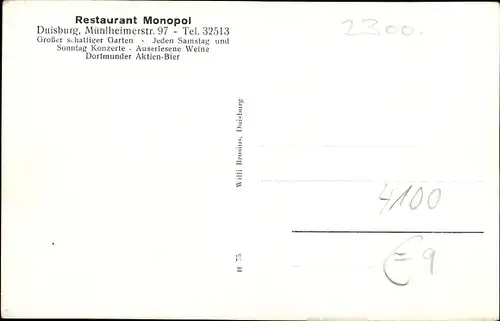 Ak Duisburg im Ruhrgebiet, Restaurant Monopol, Mühlheimerstraße 97, Innenansicht