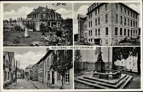 Ak Selters im Westerwald, Trotzendorf Schule, Krankenhaus, Rheinstraße, Kriegerdenkmal