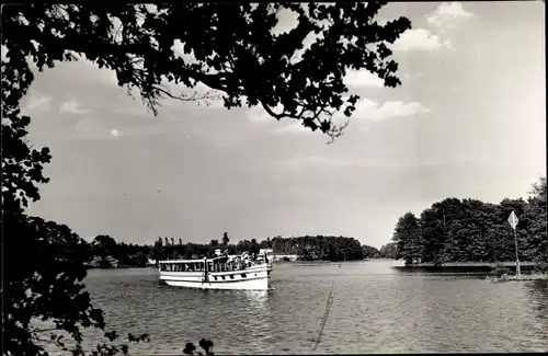 Ak Prieros Heidesee in der Mark, Einfahrt in den Schmölde See, Salondampfer