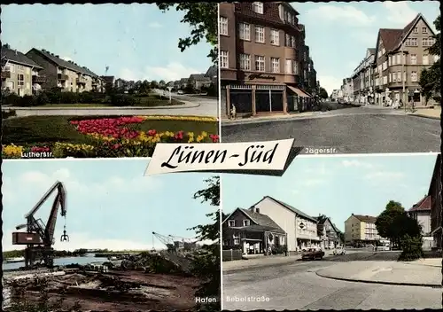 Ak Lünen in Westfalen, Hafen, Bebelstraße, Lutherstraße, Jägerstraße