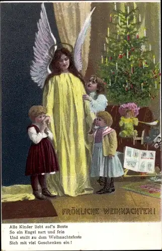 Ak Glückwunsch Weihnachten, Kinder und Engel am Tannenbaum