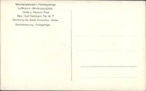 Ak Warmensteinach Oberfranken Bayern, Hotel Post, Fichtelgebirge