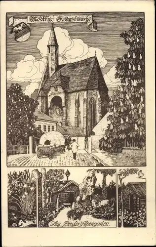 Künstler Ak Mödling in Niederösterreich, Kirche, Alpengarten