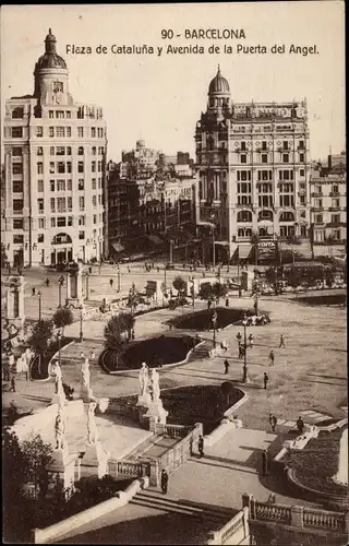 Ak Barcelona Katalonien Spanien, Plaza de Cataluna y Avenida de la Puerta del Angel