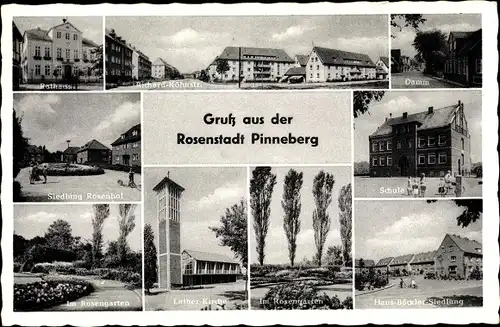 Ak Pinneberg in Schleswig Holstein, Rathaus, Schule, Damm, Lutherkirche, Rosengarten