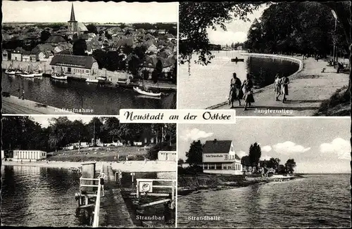 Ak Neustadt in Holstein, Teilansicht, Strandbad, Strandhalle, Jungfernstieg