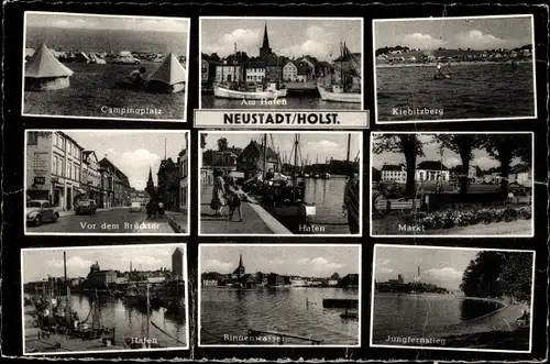 Ak Neustadt in Holstein, Hafen, Campingplatz, Jungfernstieg, Brücktor, Markt, Kiebitzberg